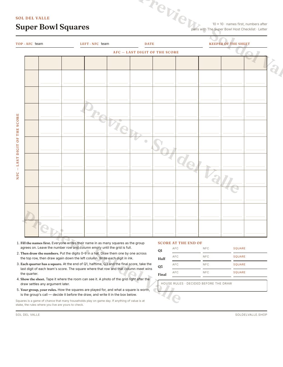 Super Bowl Squares — la grilla 10×10