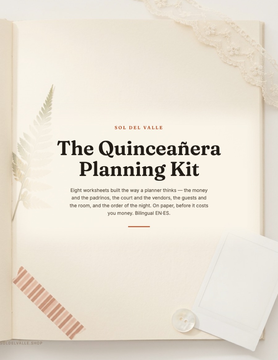 La portada e índice del Kit de Planificación de Quinceañera, impreso y listo para llenar a mano
